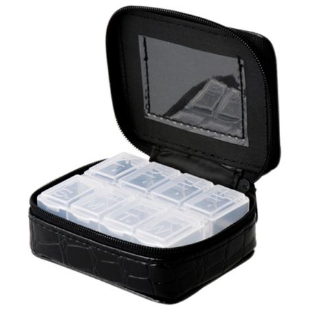 Boîte à pilules hebdomadaire avec 8 compartiments et étui en cuir - Apparence de l'étui à pilules avec pochette en PU et 8 compartiments.