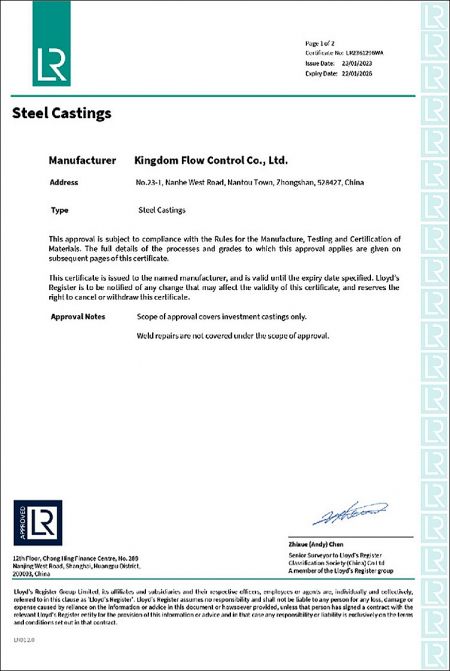 LR: KI is approved as a manufacturer in accordance with the requirements of Lloyd's Register for castings in carbon, carbon-manganese and austenitic stainless steel.