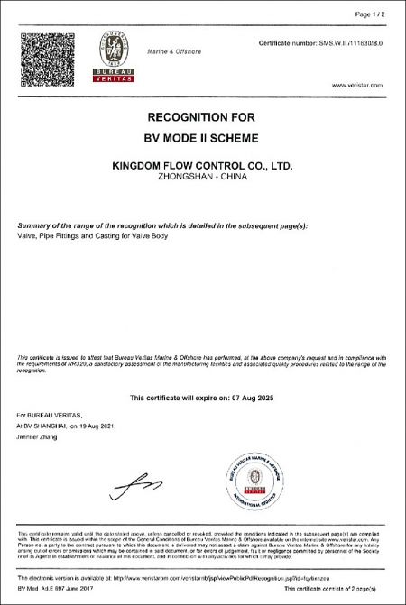 BV Certificate: KI is approved as a manufacturer in accordance with the requirements of BV mode II scheme for steel castings in carbon, carbon-manganese and austenitic stainless steel.