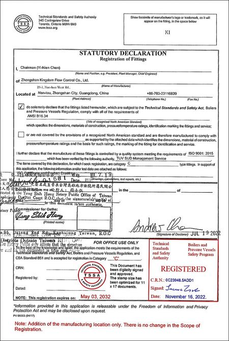 CRN: KI has registered its valves and fittings for Canadian market of all applicable provinces.