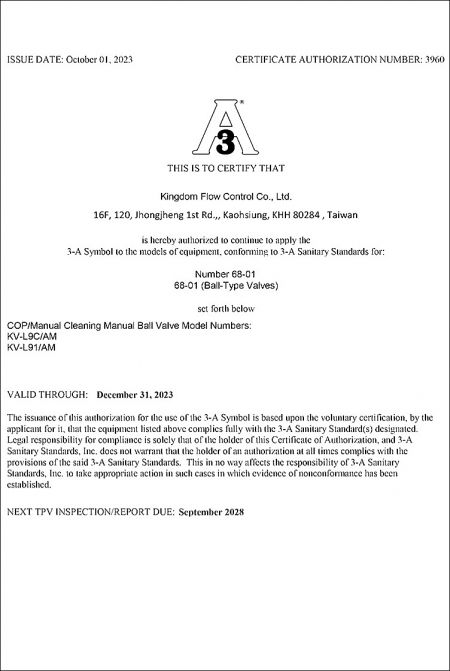 3-A Sanitary certified: KI Sanitary Ball Valves passed the 3-A Sanitary Standard(s) and the issuance of this authorization for the use of the 3-A Symbol.