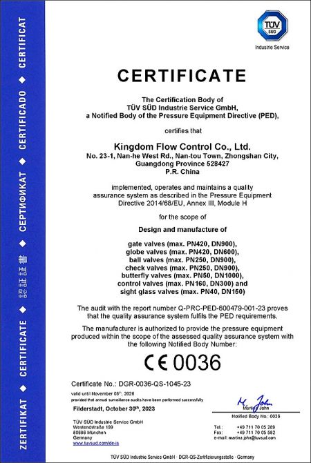 PED: PED 2014/68/EU is a mandatory directive for pressure equipment uses in the European Union. KI is certified with category III module H, which is full quality assurance including the requirements for design, manufacture, assembly, testing and packaging.