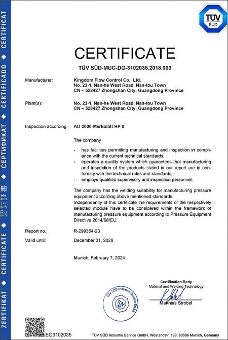 AD 2000 HP0: The AD2000 HP0 certification proves that KI has facilities permitting manufacturing and inspection in compliance with the current technical standards and operates a quality system which guarantees that. It also proves that KI employs qualified supervisory and inspection personnel.