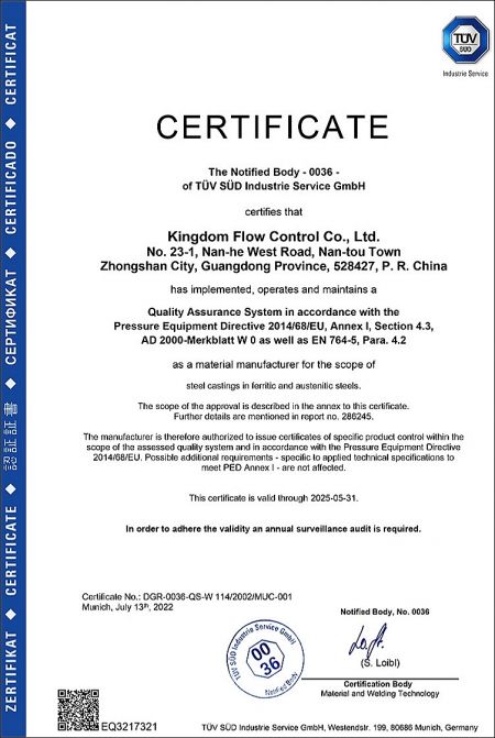 AD 2000 W0: The AD2000 W0 certification proves that the castings manufactured by KI are in compliance with the requirements for pressure bearing components of pressure vessels.