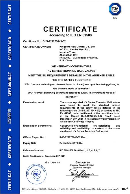 SIL: Certified by SIL means the design, engineering and testing of the products are fully compliance with IEC 61508 and IEC 61511 standards and are suitable for use in a safety instrumented system. KI valves are SIL 3 certified.