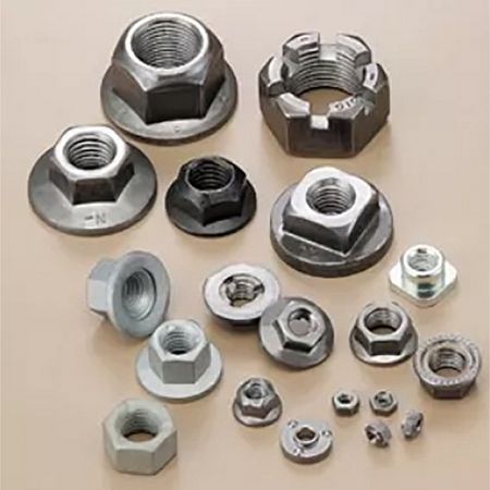 A collection of various industrial fasteners including hex nuts and bolts