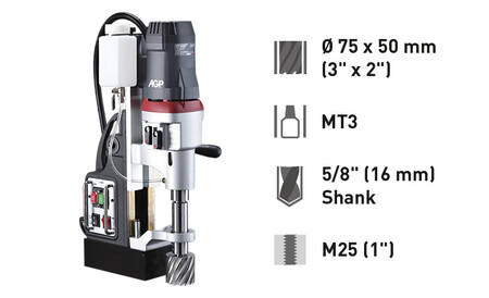 MT3 Ø 75 x 50 ㎜ vrtáky (3" x 2") 4-stupňová magnetická vrtačka - MD750/4, Magnetická vrtačka pro prstencové vrtáky do Ø 75 x 50 mm