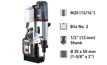 Závitování Ø M20 (13/16") & vrtání Ø 35 x 50 ㎜ (1-3/8" x 2") Mag Drill - TP2000, Magnetická vrtačka a závitovačka