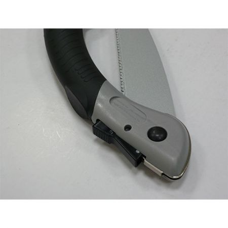 Locking folding tungsten carbide edge saw blade by pressing the button.