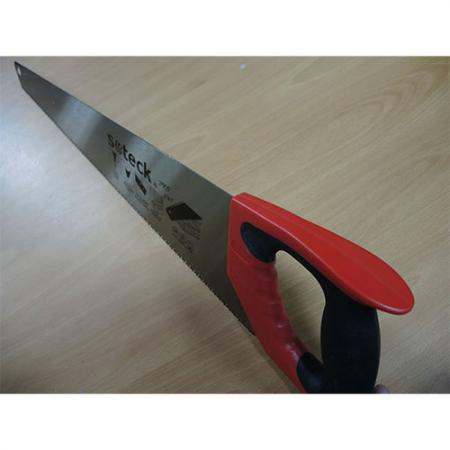 Soteck hand saw's plastic handle with a 45° and 90° marking guide.