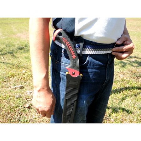 The scabbard with roller guide entry keeps this pruning saw easy to take.