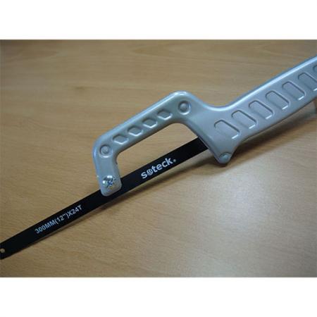 Solid Junior Hacksaw with rubberized handle, tied on card.