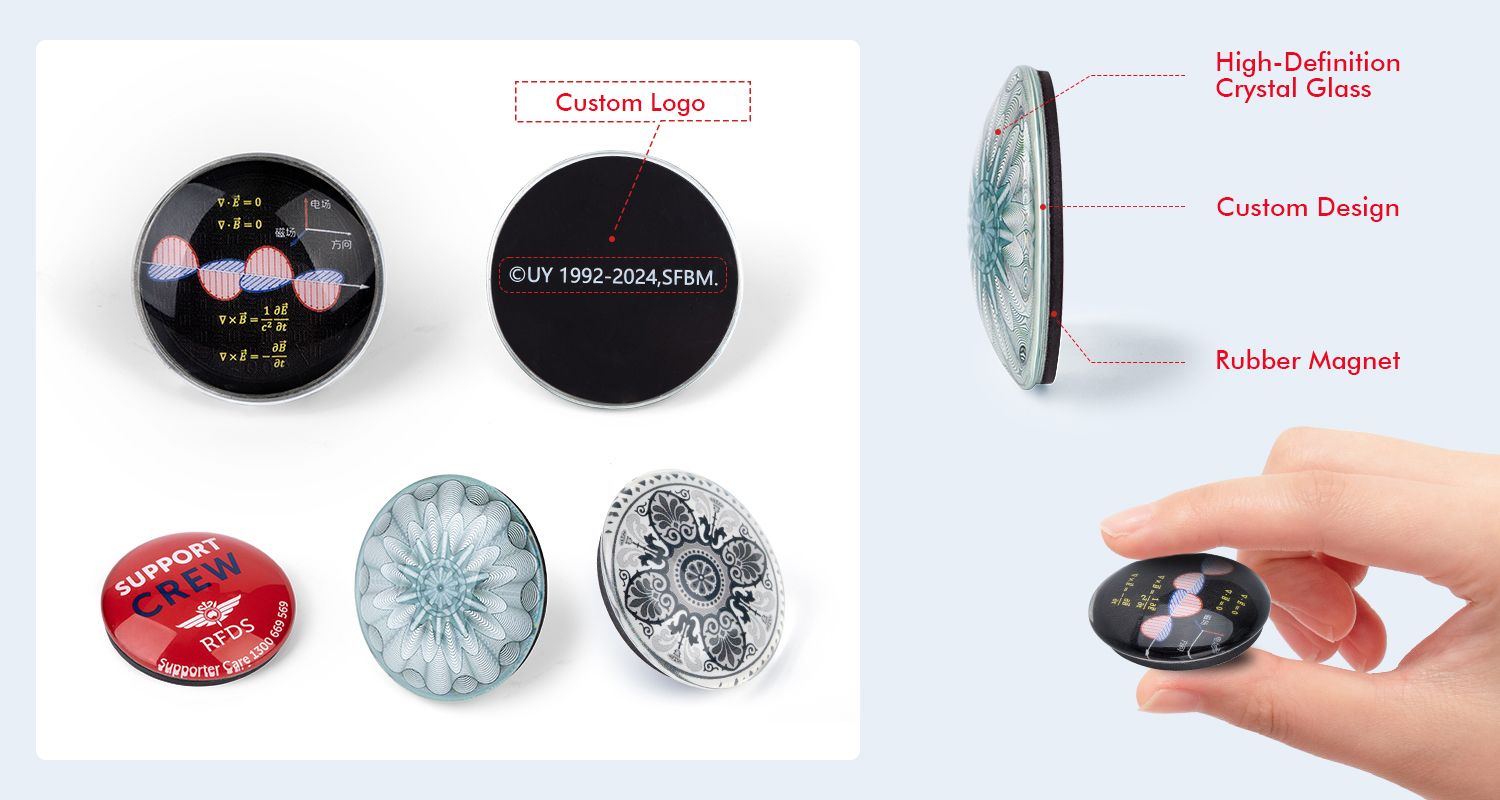 Aumente a visibilidade da marca com ímãs de cúpula de vidro 3D personalizados.