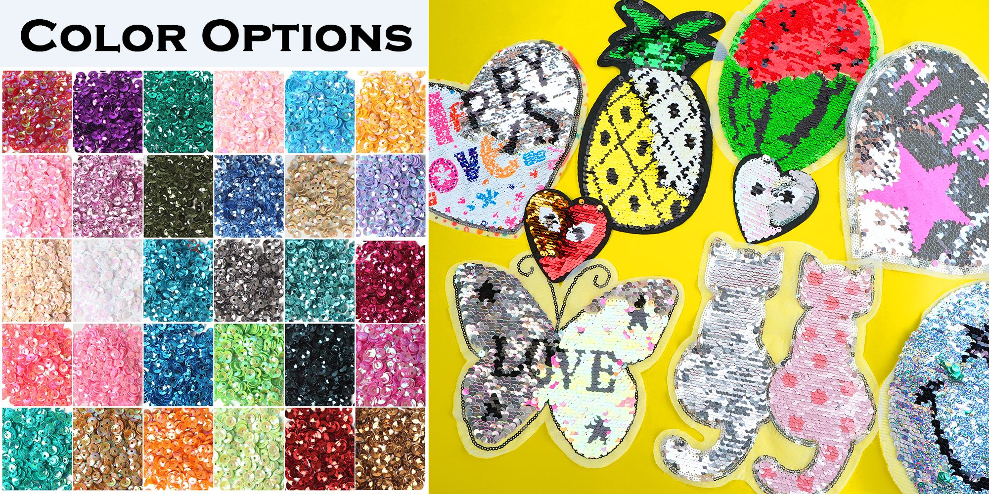 Patches de Lantejoulas Reversíveis Personalizados com Tamanhos, Formas e Cores Versáteis.