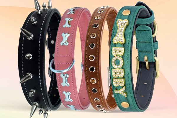 Collar Para Perro De Cuero Cosido Con Placa De Latón Grabada - TOP GRAVURES