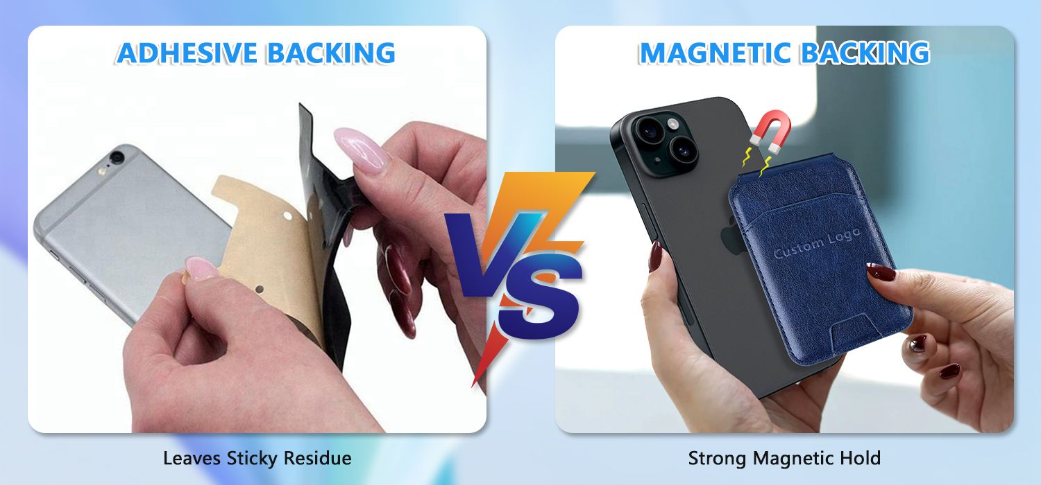 カスタムレザーMagSafeウォレットの利点とスティックオン電話ウォレットの比較