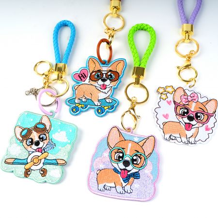 Braided Leather Wristlet Keychain With Embroidered Charm - Wholesale Embroidered Charm Braided Leather Keychain