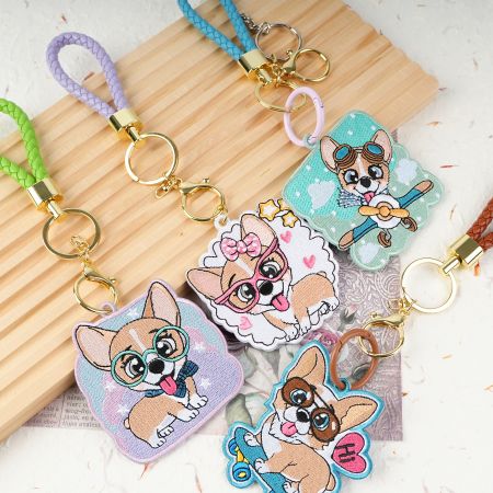 Corgi Dog Patch Braided Leather Wrist Keychain.