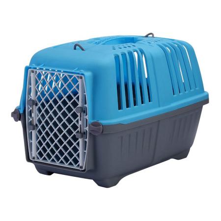 Caixa de transporte para gatos azul e cinza.