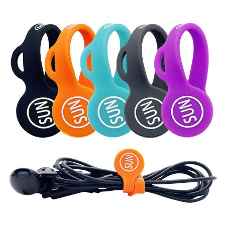 Organizador de cable de auriculares de silicona personalizable.