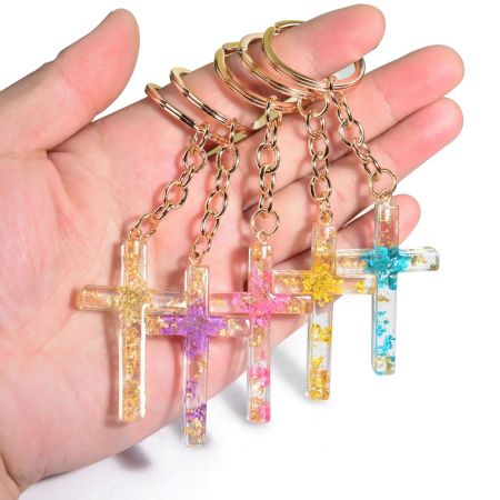 Cruz de Resina Personalizada - Chaveiro de Cruz de Resina com Flor Personalizada