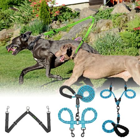 Guinzaglio doppio riflettente all'ingrosso. - Guinzaglio doppio all'ingrosso con cuciture riflettenti.