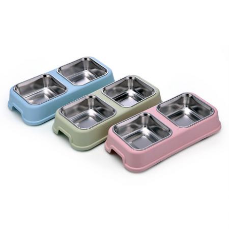 Tigela dupla quadrada em aço inoxidável para animais de estimação.