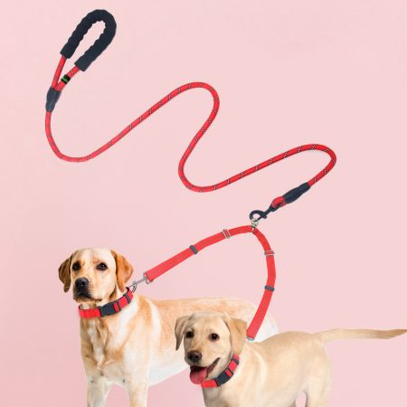 Guinzaglio doppio in nylon riflettente all'ingrosso per cani - Guinzaglio diviso all'ingrosso con fascia elastica
