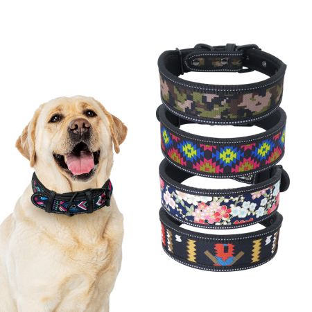 Collier pour chien en nylon réfléchissant à motif tribal. - Collier pour chien ultra-large réfléchissant personnalisé.