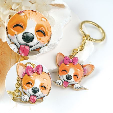 手頃な価格のUV印刷メタル犬のキーチェーン。