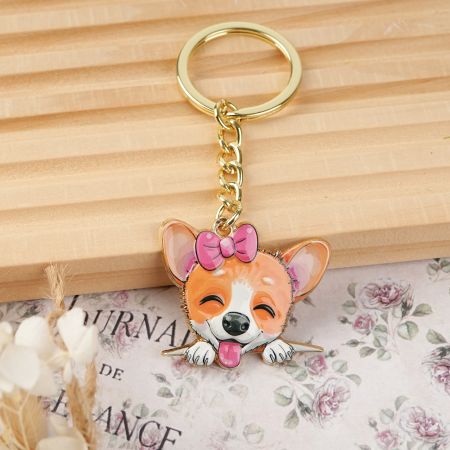 3D亜鉛合金UV印刷犬の顔キーチェーン。