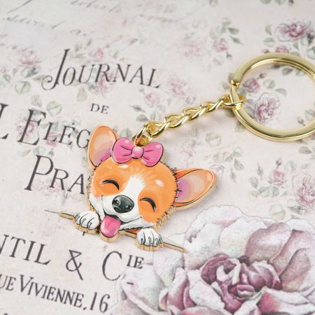 ホットセールUV印刷メタル子犬のキーチェーン。