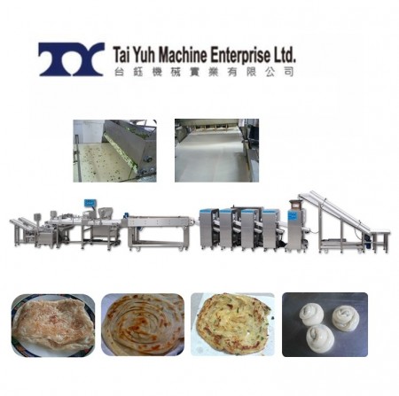 Línea de producción de panqueques de cebolla china - Línea de Producción de Paratha Lacha y Empanada China de Cebolla de Verdeo + Máquina de Filmado y Prensado