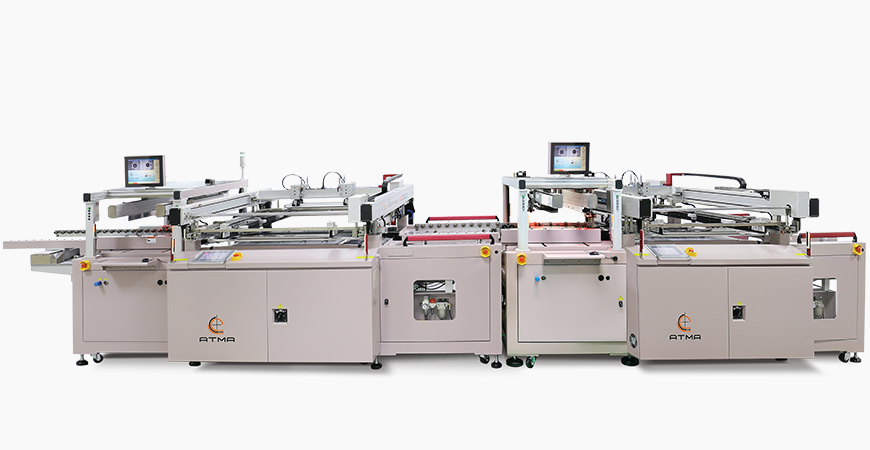 Combined C side Solder Mask Screen Printer + Accumulator + Automatic Turn Over + S side Solder Mask Screen Printer, connected with Wicket Dryer inline process.