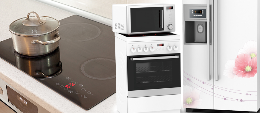 Impresión de símbolos, signos funcionales, marcas, logotipos, etc. en vidrio para electrodomésticos, como vidrio cerámico para cocinas, vidrio templado para asadores o microondas, o la puerta y partición del frigorífico.