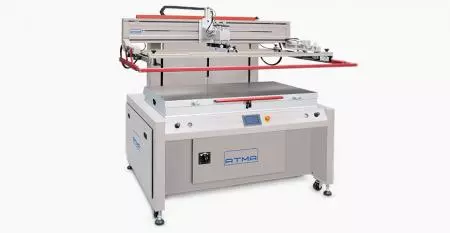 Electric Flat Screen Printer (medium size 700x1200 mm) - Electric vertical up down design (patented), fast motion and precise positioning, repeatability printing accuracy ±0.02mm, extreme low air exhaustion and save energy environmental protection.