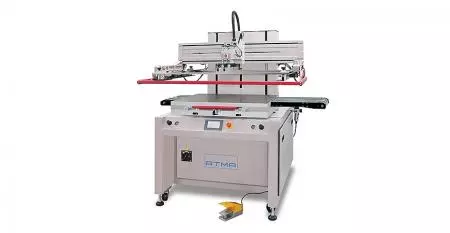 Electric Flat Screen Printer with Belt Take-off - Electric vertical up down design, collocated with safety buffer cylinder (patented) comprehensive protection, auto belt take-off to raise production efficiency.