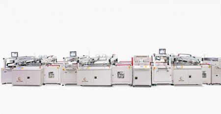 Linha de impressão em tela de máscara de solda de plugue-via PCB totalmente automática - Incorporado com plugue automático + empilhador de buffer + impressora de máscara de solda do lado C + empilhador de buffer + virada automática de posicionamento + impressora de máscara de solda do lado S, conectando com a linha de impressão do processo inline do secador de estufa