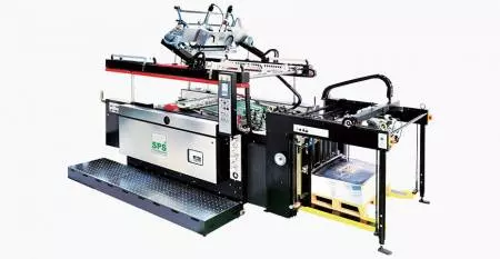 SPS  Fully Automatic STOP Cylinder Screen PRINTING MACHINE (max. sheet 750X1060mm, 4-post screen lift, flagship model) - SPS VTS SL71 Fully Automatic STOP Cylinder Screen Printing Machine (4-post screen lift typeâflagship model), linked with Feeder