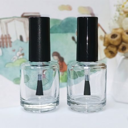 Botella de vidrio cilíndrica vacía de esmalte de uñas de 15 ml con tapa negra