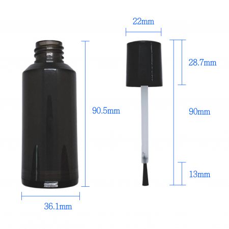 Diagramme dimensionnel de la bouteille en PP vide et du capuchon de pinceau