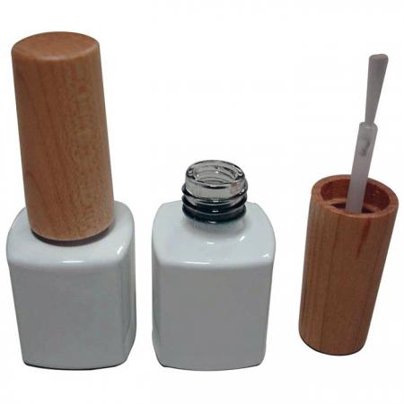 7ml Square Gel Nail White Bottle with Wood Cap and Brush (GH03W 631BW)