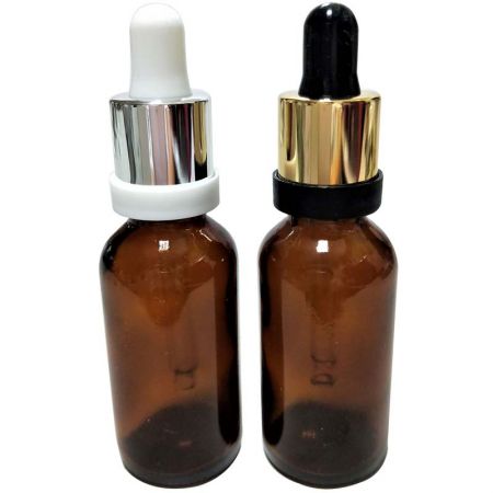 Botellas de vidrio ámbar de 30 ml con cuentagotas a prueba de manipulaciones plateado/dorado (GHAD30AS)