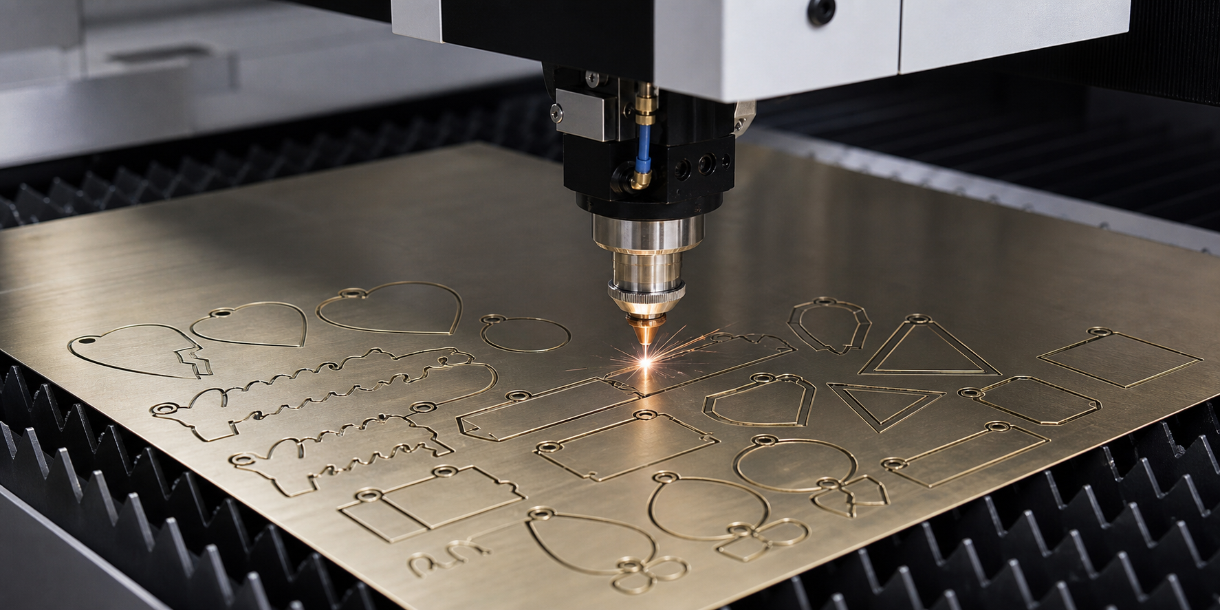 Hung Kuang focused laser beam cutting flat metal sheet into nameplate and geometric pendant outlines