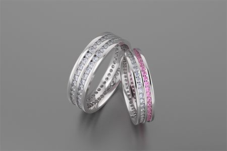 25 Sterling Silver Dazzling Diamond Couple's Rings - HUNGKUANG 925 Sterling Silver Dazzling Full Diamond White Stone Pink Stone Pure Silver Pave Diamond Rings Men's Ring Width 4.5mm, Women's Rose Gold Ring Width 3.9mm, Couple's Silver Rings, Custom Design, Custom Production, Silver Jewelry Supplier
