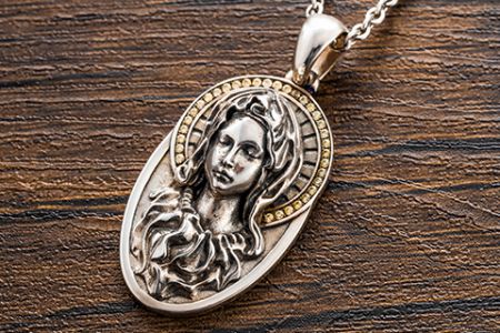 925 Sterling Silver 3D Relief Sulfurization Pendant featuring the Virgin Mary - 925 Sterling Silver, Sulfurization Technique, Yellow Zircon, Antique Silver Plating, Catholic Virgin Mary, Length 32cm, Religious Pendant, 3D Relief Portrait, Design Wholesale Custom Production Jewelry Supplier OEM ODM