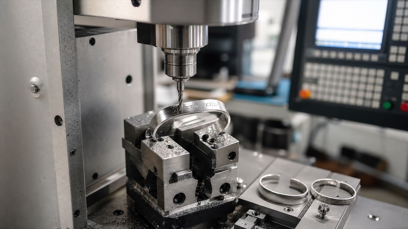 CNC machining for precision name bracelets, open cuff bracelets, geometric rings, logo components, and repeatable jewelry production at HUNGKUANG