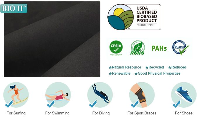 A esponja de borracha com recursos fósseis reduzidos - BIO II™ - pode ser fabricada em diversos produtos, como roupas de mergulho para surf, natação, mergulho e muito mais.