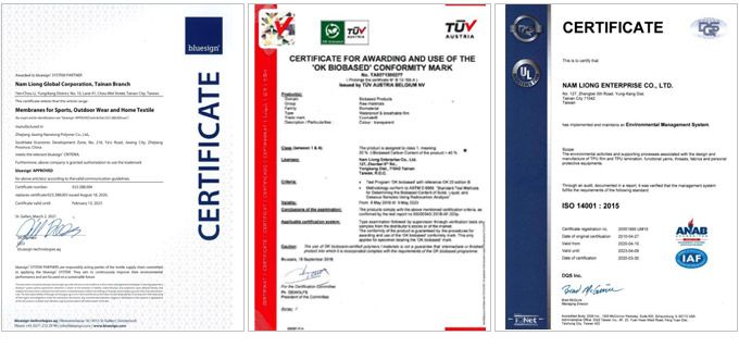 certificates of bluesign, TUV and ISO14001