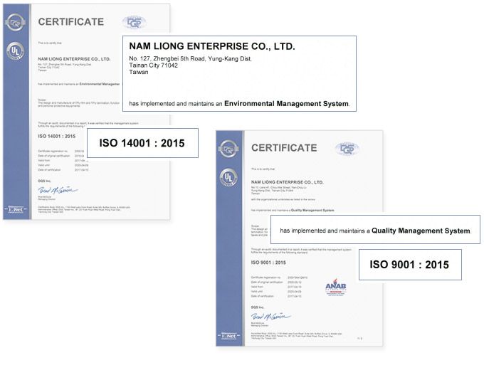 Nam Liong é certificada pelo Sistema de Gestão da Qualidade ISO 9001 e pelo Sistema de Gestão Ambiental ISO 14001.